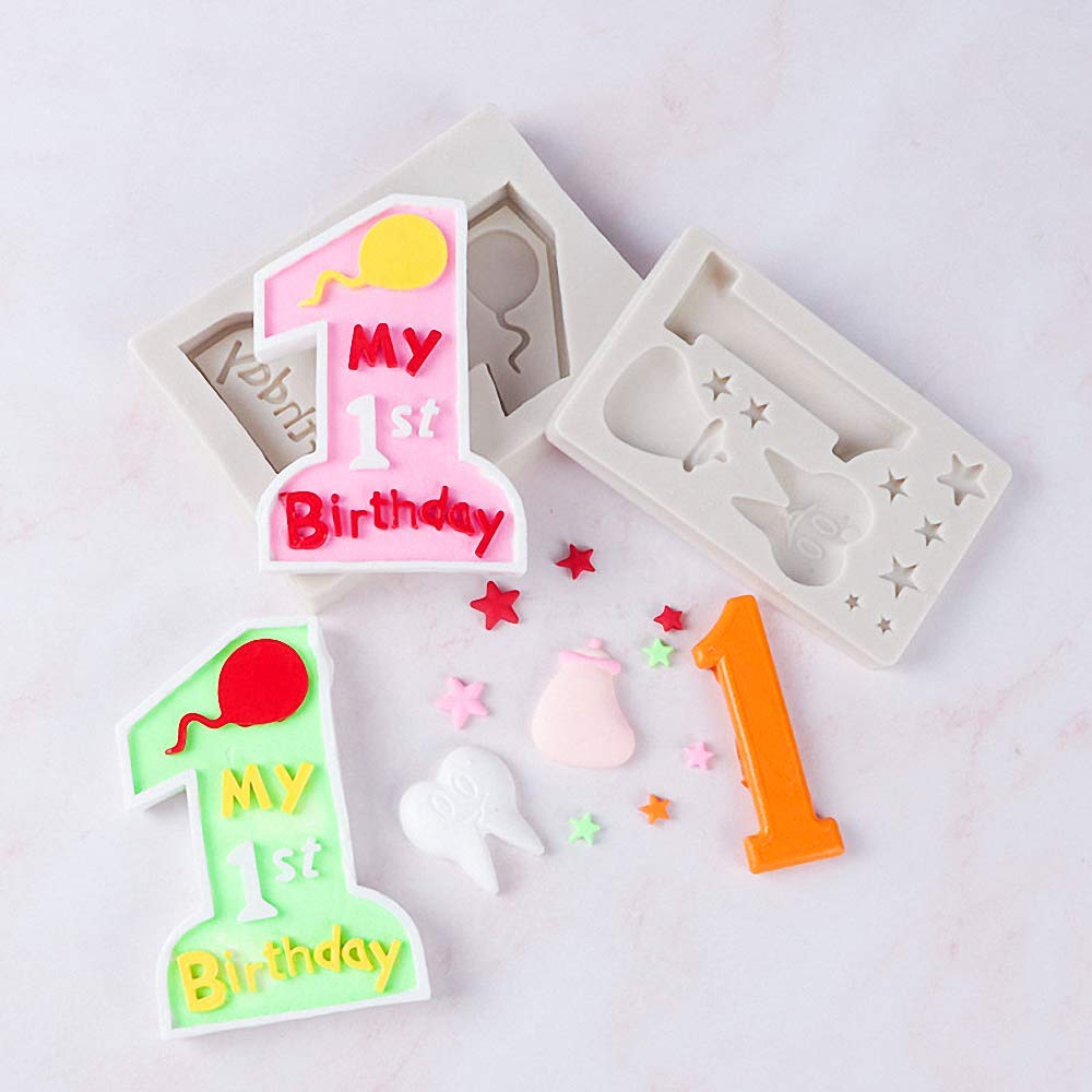 2Pcs/Set 1St Birthday Silicone Fondant Molds, Number 1 & Baby Tooth Chocolate Candy Sugar Craft Mold Happy Birthday Handmade Can