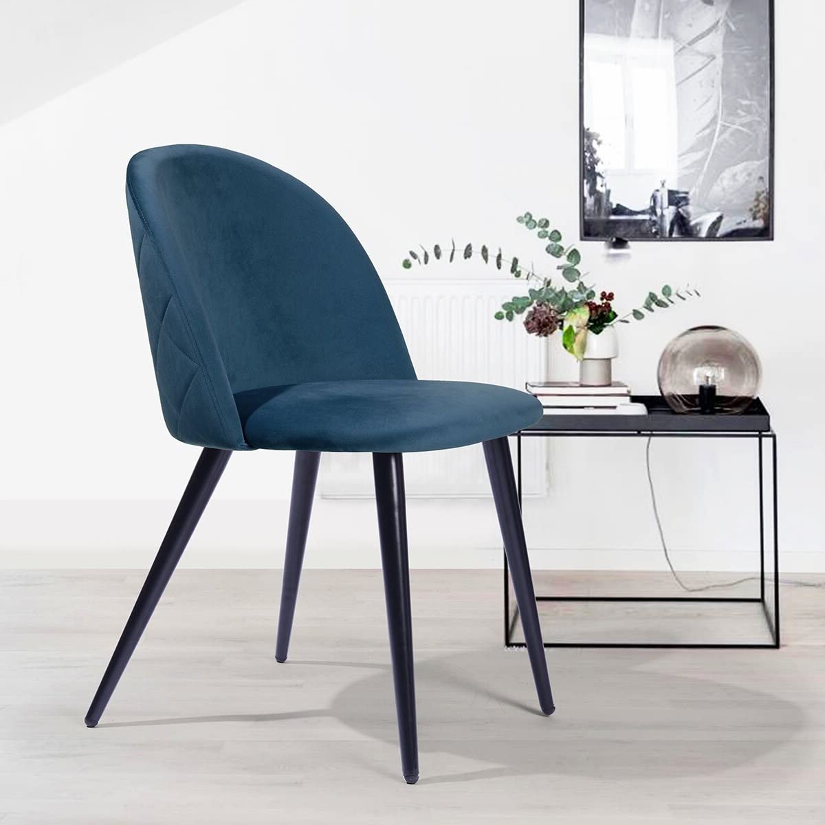 Finch Fox Romantic Vintage Dining Chairs Rustic Dark Blue Velvet Cushion Seat Chair With Black Powdered Coated Metal Legs