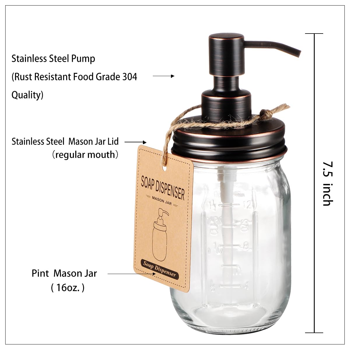 Amolliar Mason Jar Liquid Soap Dispenser, Rustproof Stainless Steel Replacement Pump Lid, Cute Farmhouse Decor For Kitchen, Bath