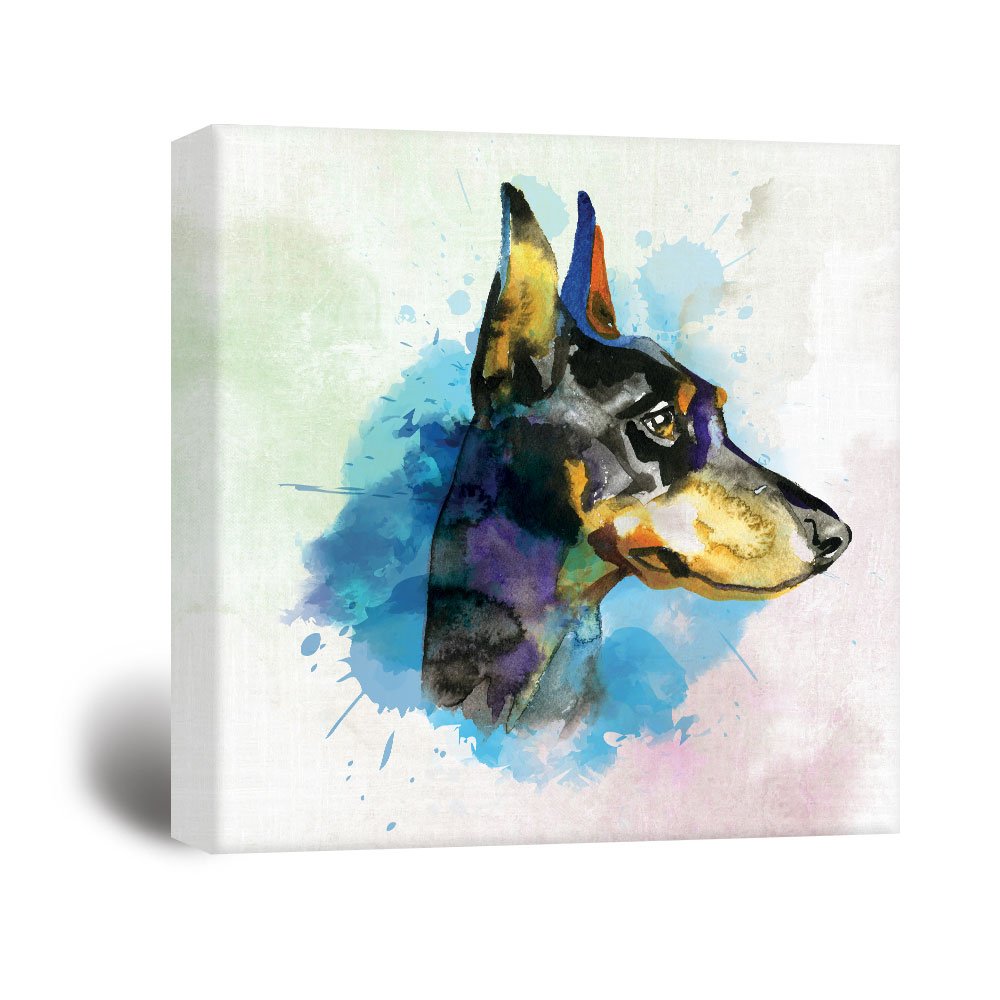 Wall26 Square Dog Series Canvas Wall Art - A Dobermann Painting With Blue Color Splash Background - Giclee Print Gallery Wrap Mo