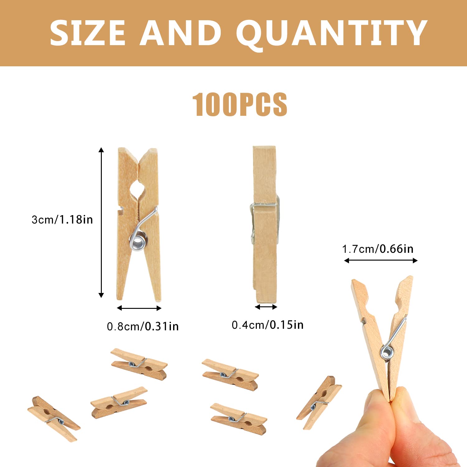 Kimober 1.18Inch Wooden Clothespins,Sturdy Natural Wooden Craft Peg Pins Clips For Hanging Photos,Paper Crafts,100Pcs