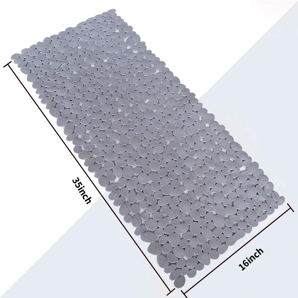 Songziming Pebble Bath Mat 35X16 Inches For Bathtub To Non Slip In Shower With Drain Holes, Suction Cups (Grey)