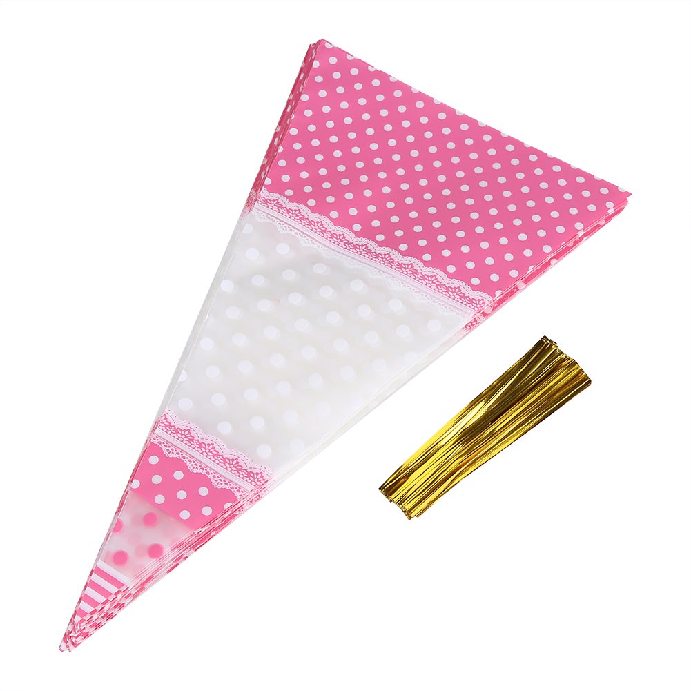 Zerodis 50Pcs Triangle Clear Cone-Shaped Treat Bags With Twist Ties Popcorn Bags Treat Bags Cellophane Candy Bags, Crafts (Pink)