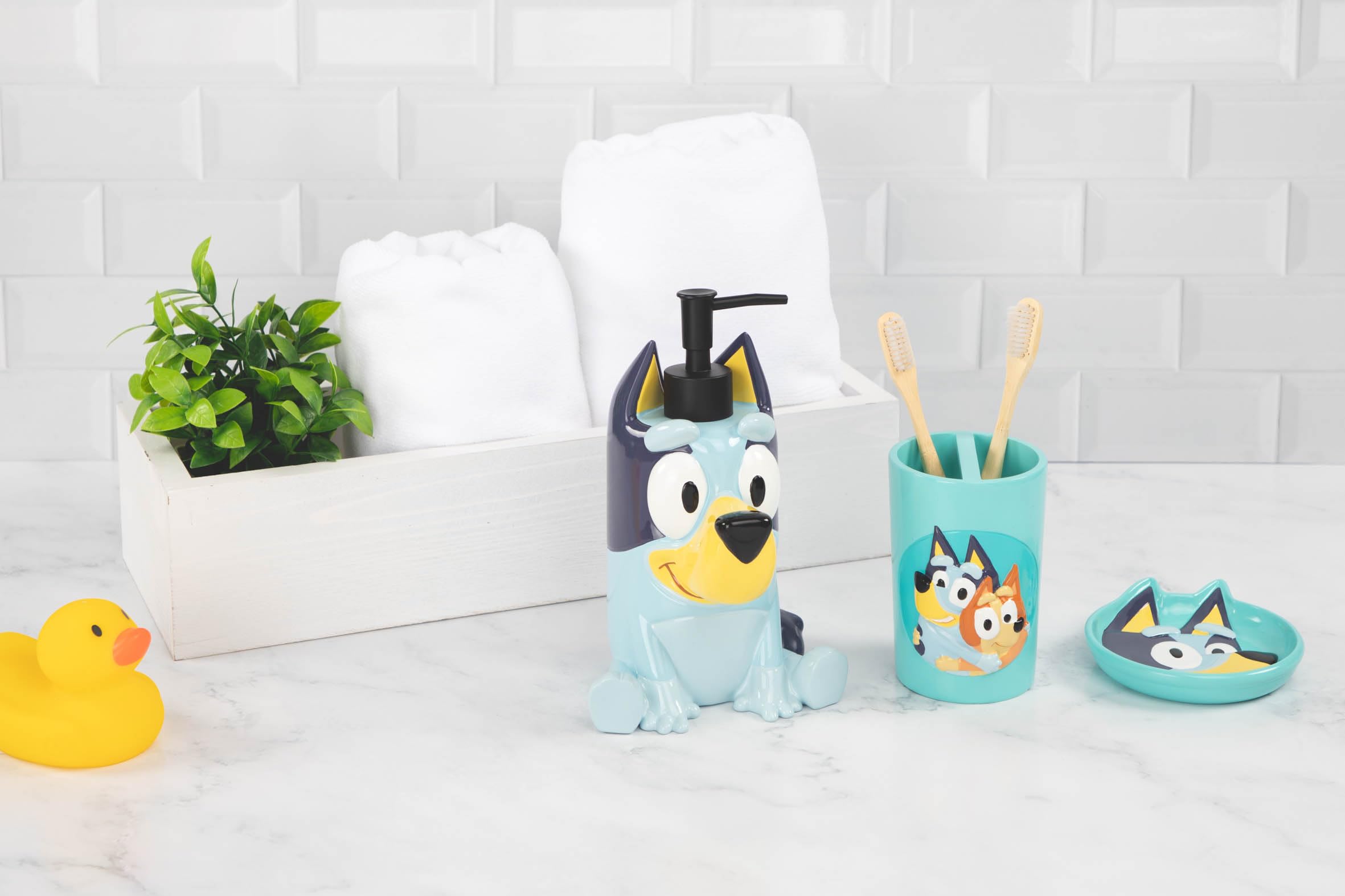 Jay Franco Bluey Soap Dispenser - Blue Kids Bathroom Accessory - Resin Lotion Pump