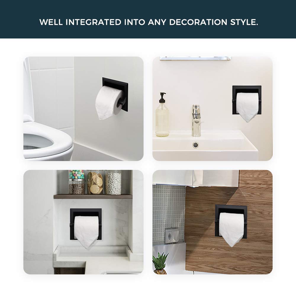 FORIOUS Matte Black Toilet Paper Holder  Black Recessed Toilet Paper Holder Wall Mount Made of Metal  in Wall Toilet Paper Holder Black with Mounting Bracket  Bathroom Toilet Paper Wall Holder