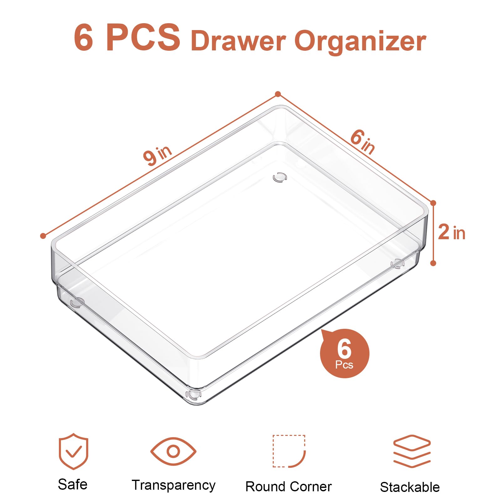 SMARTAKE 6 PCS Clear Plastic Drawer Organizers Set, Large Size Non-Slip Desk Drawer Organizer, Versatile Bathroom and Vanity Dra