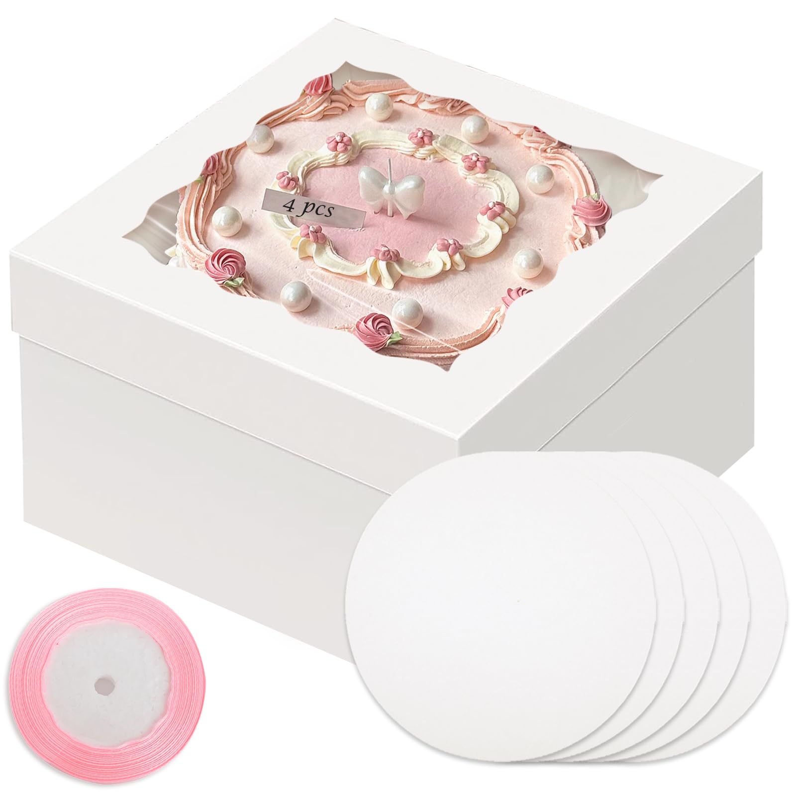 Qiqee White 10X10X8 Cake Box, 4 Sets Cake Box With Window  4 Sets 10 Cake Round Boards, 10Inch Cake Containers, 10 Meters Pink S