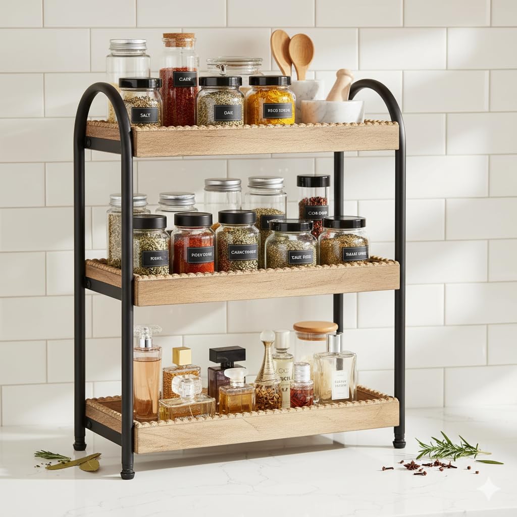 Duadecor Wooden Kitchen Rack Organiser Tier Spice Rack Shelf | Multipurpose Storage Organizer Tray Shelves | Tiered Spice Rack |