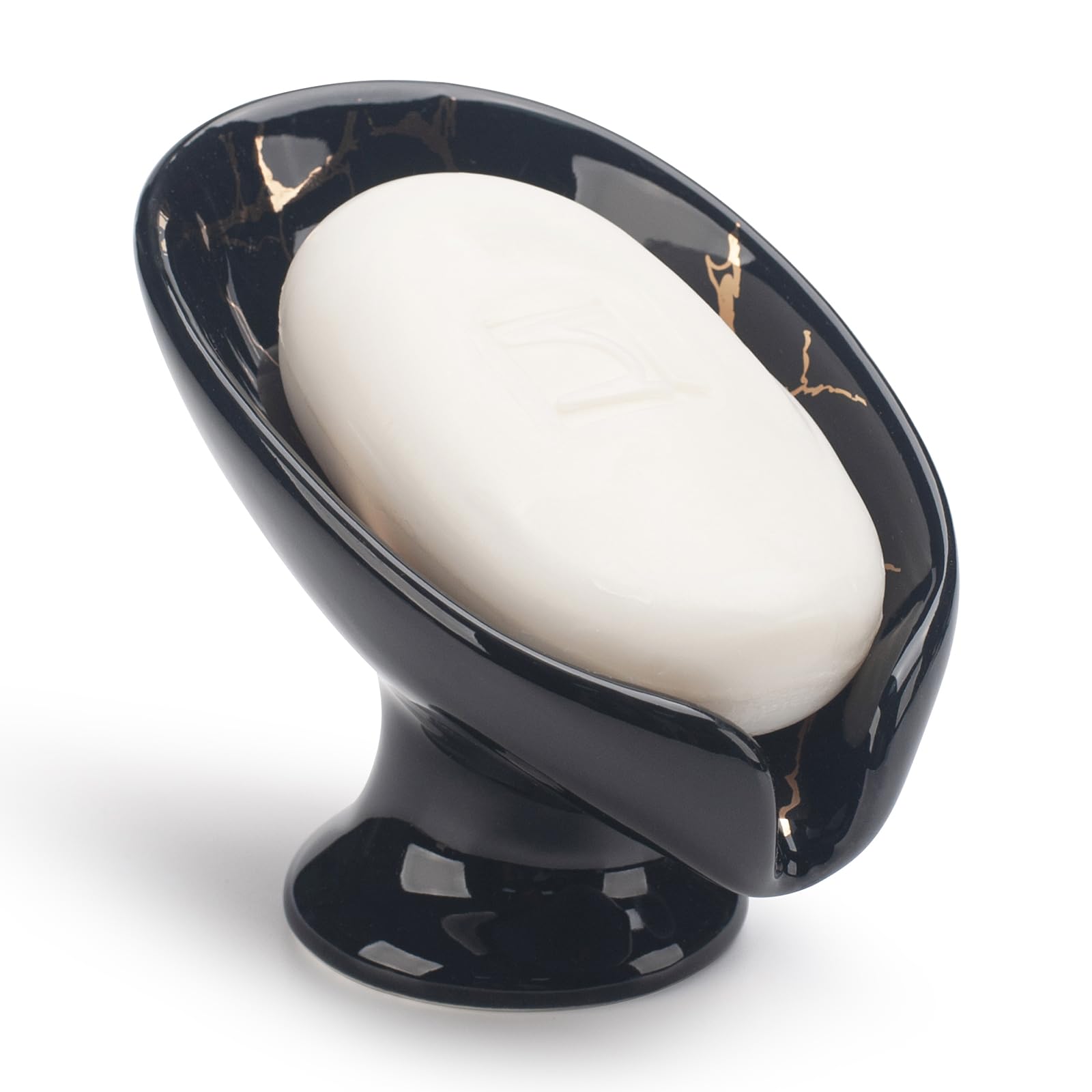 Soap Dish, Ceramic Soap Holder, Self Draining Soap Dish Holder, Leaf Shape Soap Bar Holder (Black)