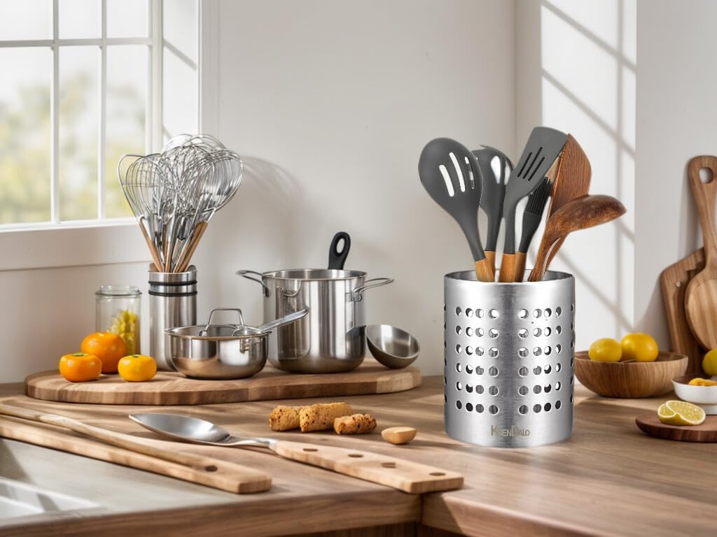 Ksendalo Round Sus304 Stainless Steel Utensil Holder Set Of 3 - Silver Caddy & Organizer For Drying Cooking Spoons, Spatulas, An