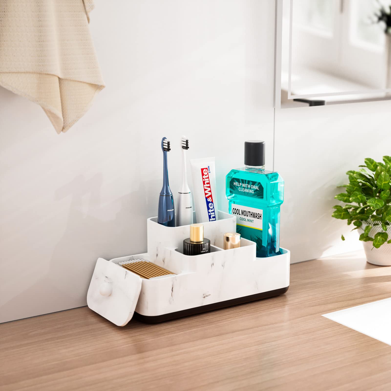 Vitviti Bathroom Counter Organizer, Toothbrush Holder For Bathroom, Resin Bathroom Organizer Countertop Storage For Cotton Ball/