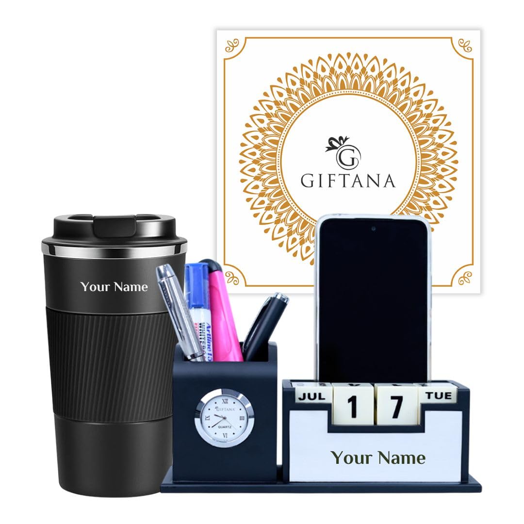 Giftana Personalized Coffee Tumbler 510ml, Desk Organizer Gift Set for Men and Women, 2 in 1 Personalized Gifting Items, New Yea
