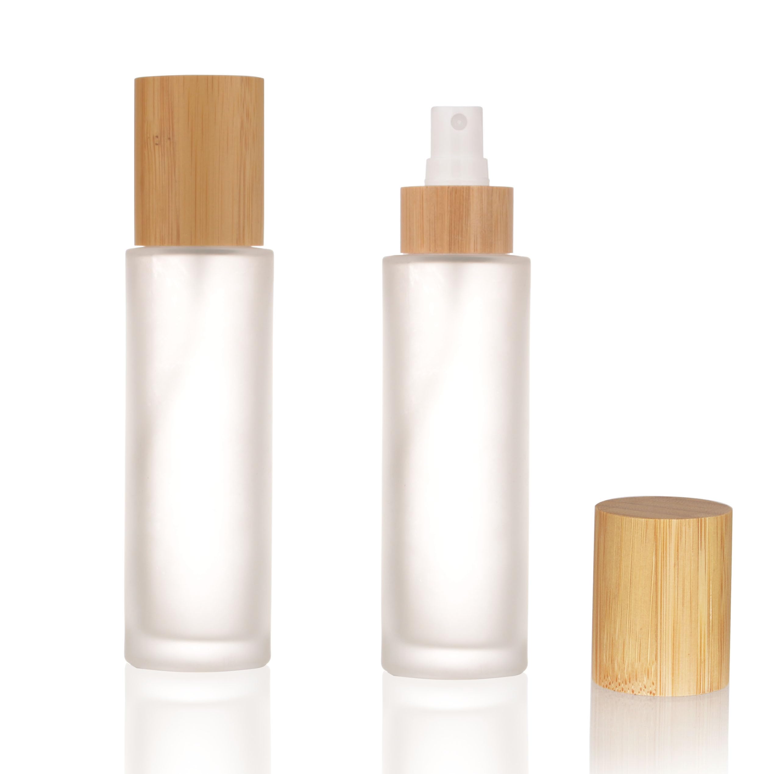 Cosidea 4 Pcs Empty 3.33Oz / 100Ml Bamboo Lid Frosted Glass Spray Bottle With Fine Mist Despenser Head For Liquid Perfume Toilet