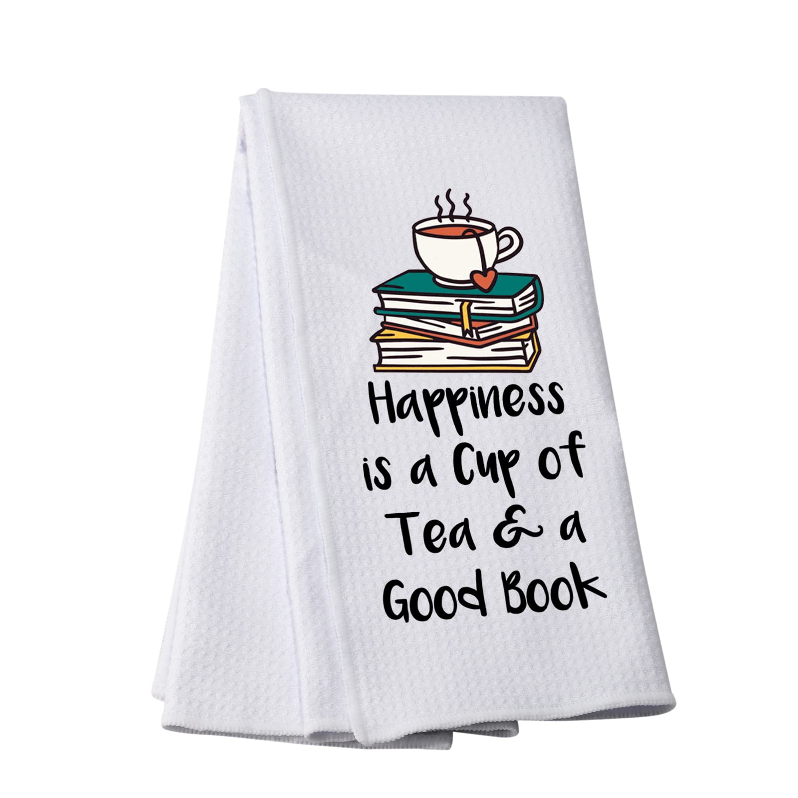 PWHAOO Book Lover Tea Towel Happiness Is a Cup of Tea & A Good Book Kitchen Towel Tea Lover Gift (Tea & a Good Book T)