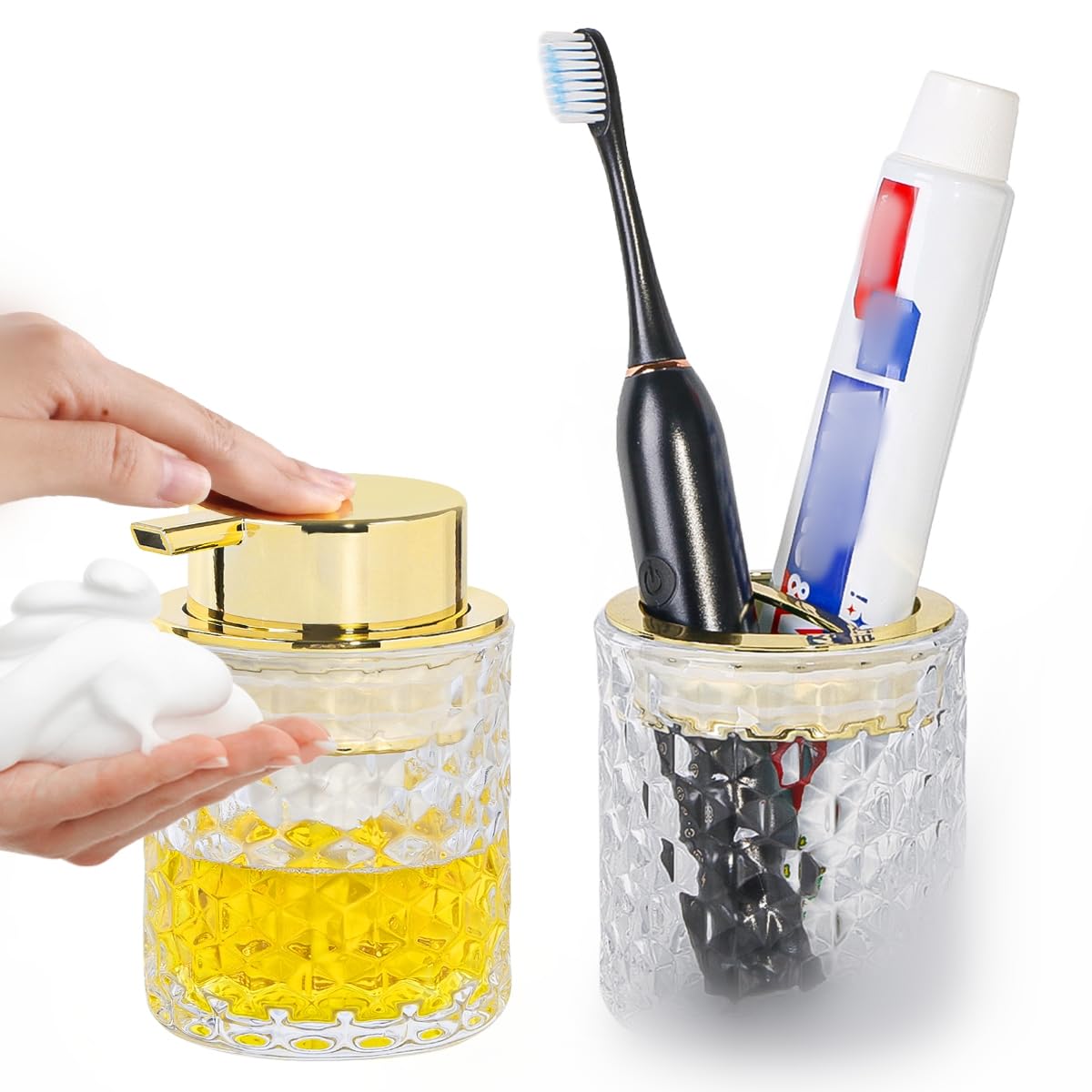 Fvstar Clear Bathroom Accessories Set, 2pcs Glass Bathroom Accessory Set with Foam Soap Dispenser and Toothbrush Holder, Gold Fo