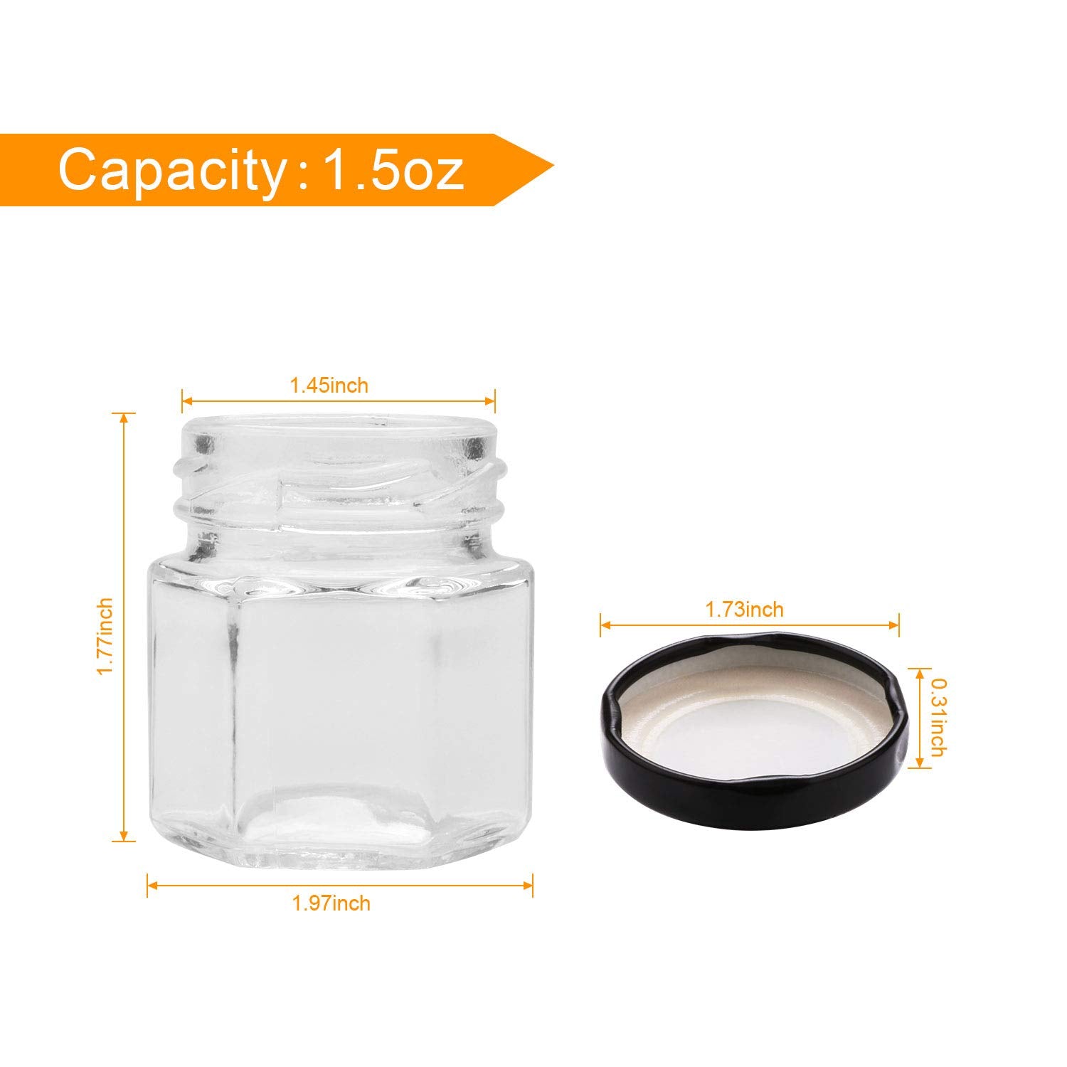 Encheng 1.5 Oz Clear Hexagon Jars,Small Glass Jars With Lids(Black),Mason Jars For Herbs,Foods,Jams,Liquid,Mini Spice Jars For S