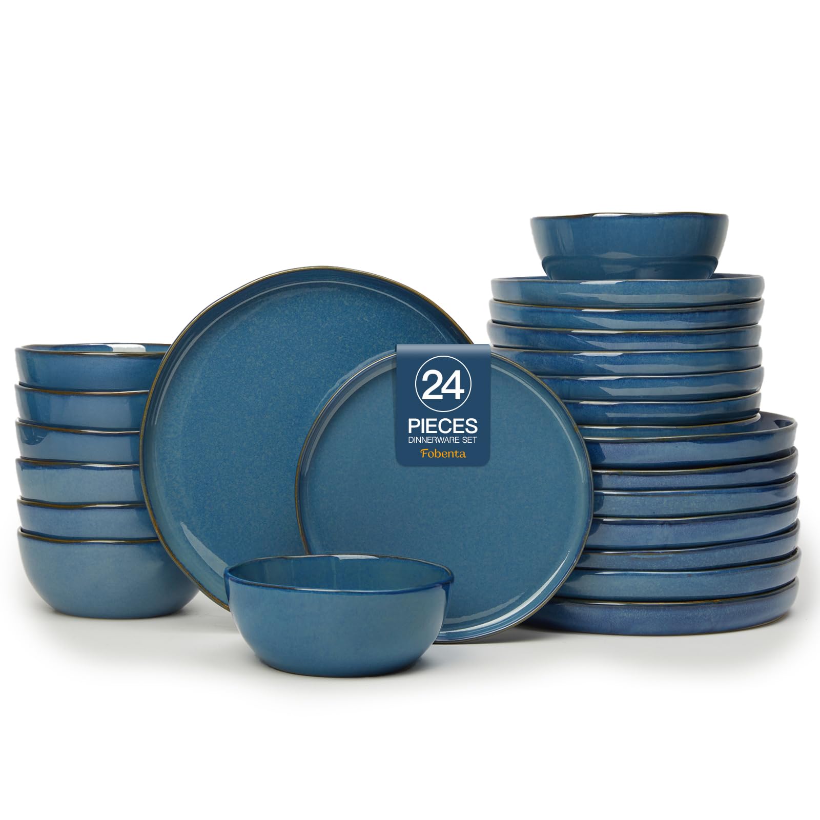 FOBENTA 24 Piece Dark Ceramic Dinnerware Set,Slate Blue Plates and Bowls Set for 8 - Minimalist Dish Sets for Hosting with Edge 
