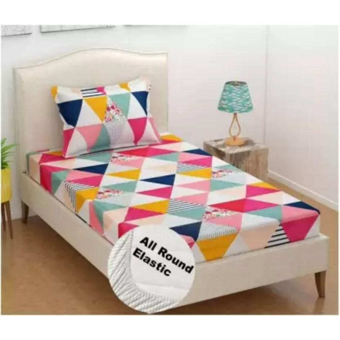 TrendRoad Glace Cotton Feel All Over Elastic Fitted Single Bedsheet(36 X 78 X 6 Inch) with 1 Pillow Tryangle1