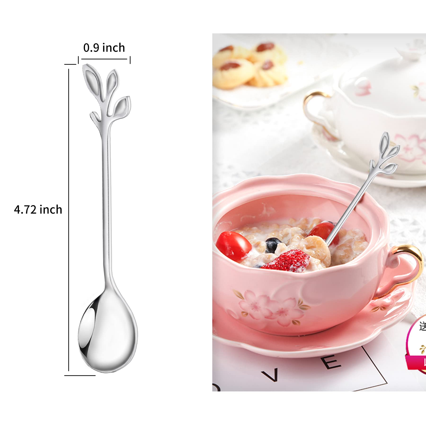 Ifeico Mini Coffee Spoons, Food Grade Stainless Steel Tea Spoons, 4.7 Inch Silver Leaf Dessert Spoons For Home, Kitchen Tablewar