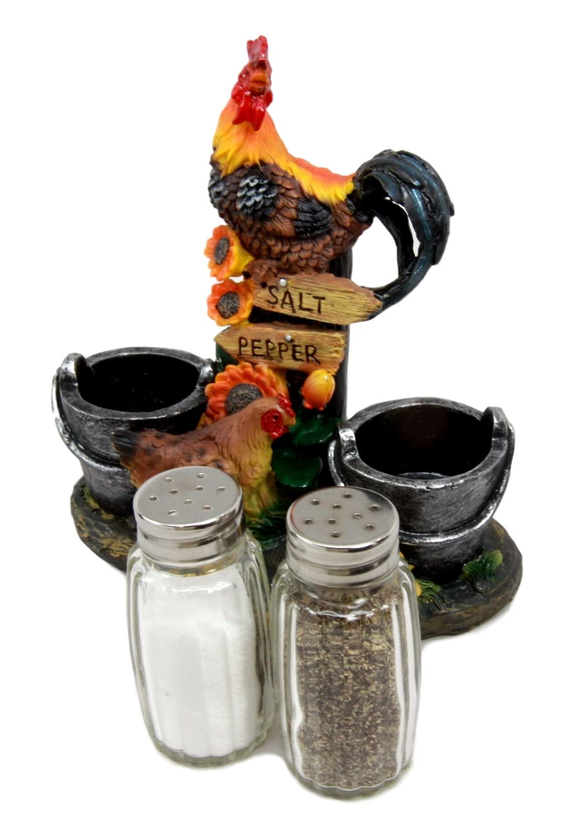 Ebros Gift Country Farm Barnyard Rooster Hen And Chicks Family By Pails And Sunflowers Salt And Pepper Shakers Holder Figurine 7