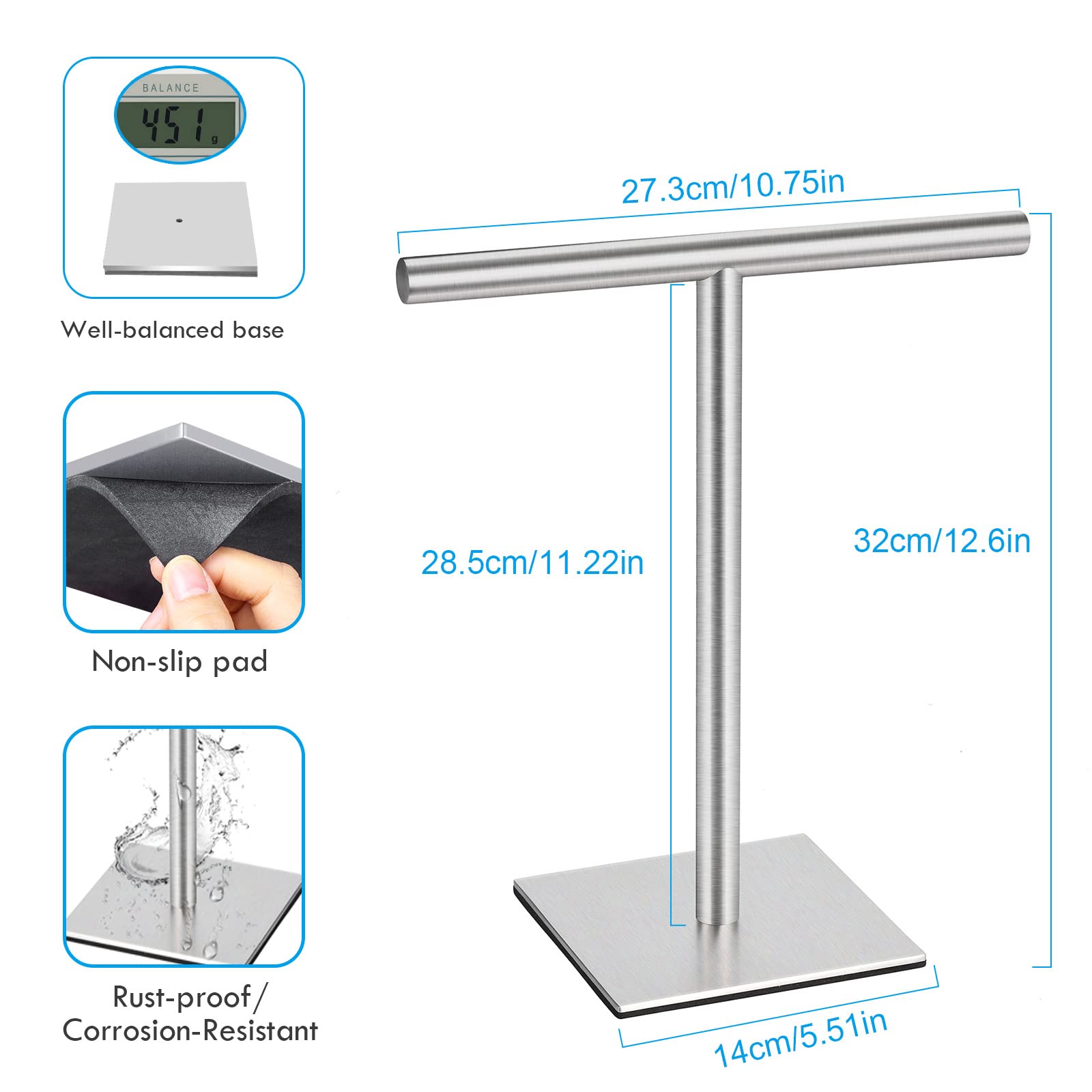 Dukwin Hand Towel Holder, Sus304 Stainless Steel Hand Towel Stand T-Shaped Silver Brushed Finish Freestanding Rack For Bathroom