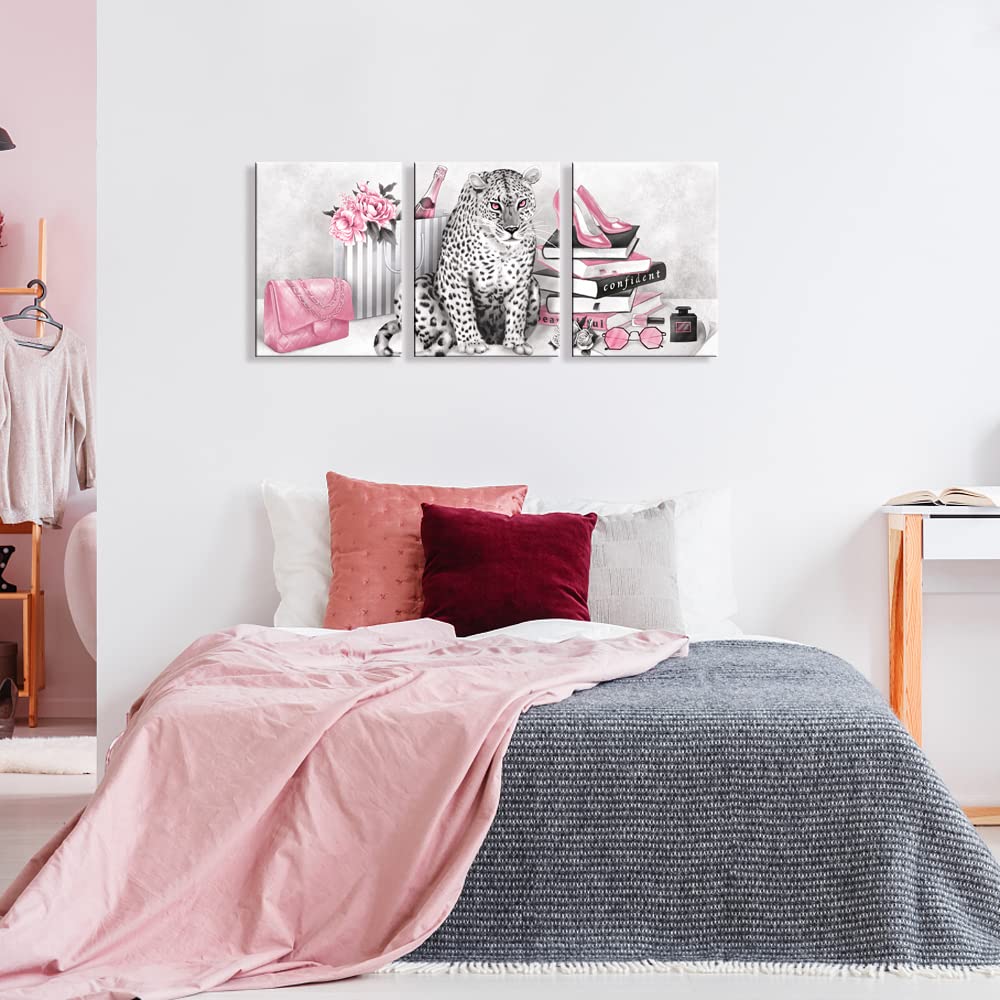Visual Art Decor Glam Fashion Picture Pink Blush Wall Art Leopard Books High Heel Shoes Perfume Canvas Prints For Modern Home Of