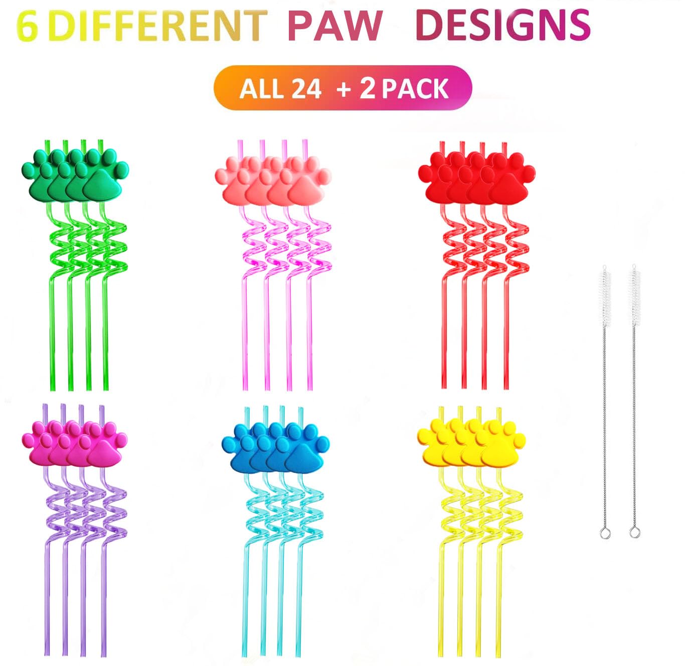 Paw Straws Birthday Party Decorations Supplies, 24Pcs Paw Print Patrol Reusable Plastic Fun Cute Crazy Silly Drinking Straws+2Pc