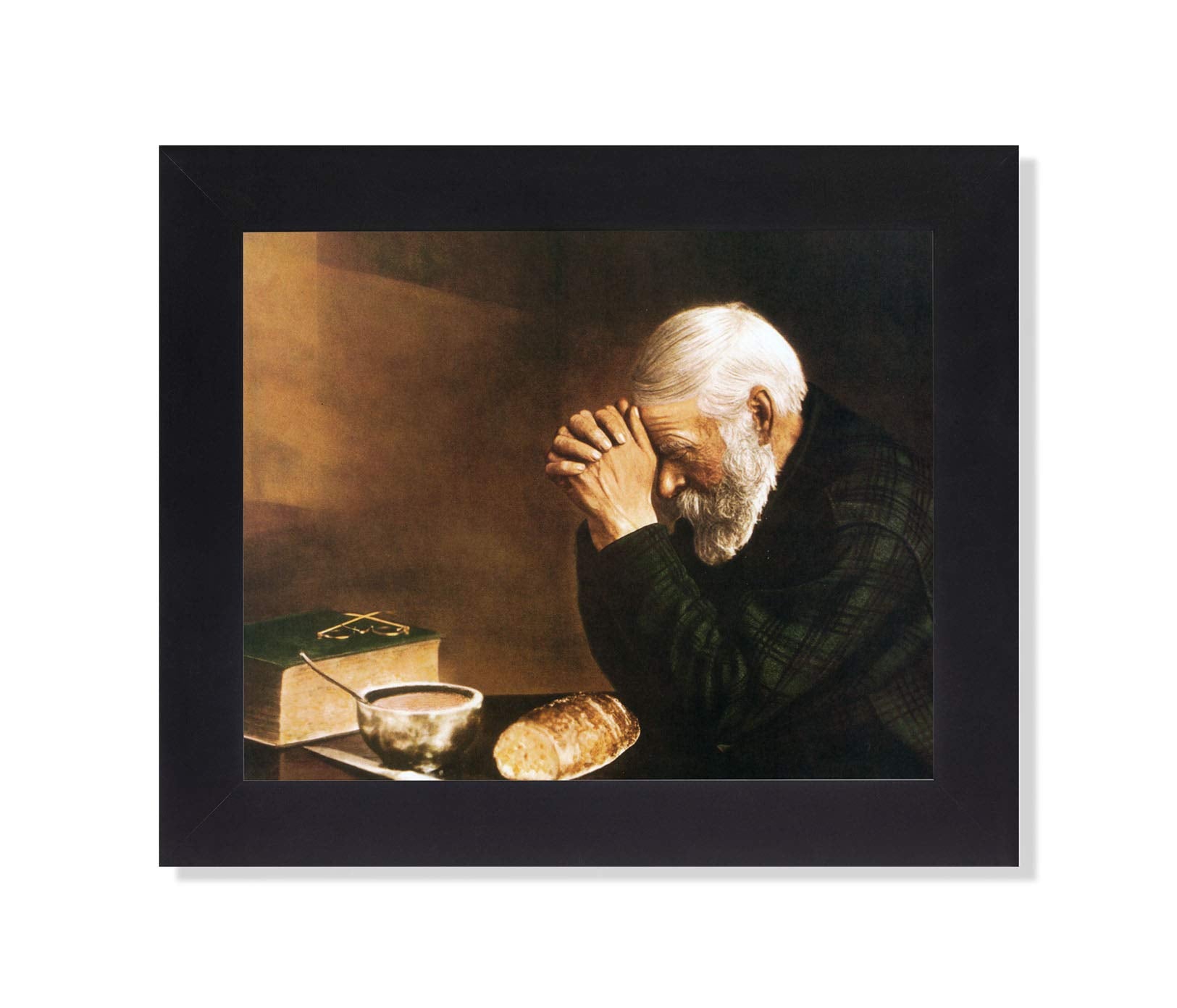 Daily Bread Man Praying Grace Thanksgiving At Dinner Table Grace Religious Art Print 8X10'' Black Frame + Glass Sentimental Gift