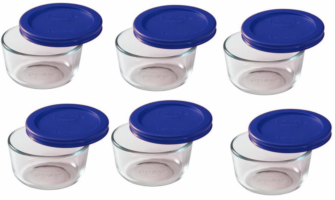 Pyrex Storage 1 Cup Round Dish, Clear With Blue Lid, Pack Of 6 Containers