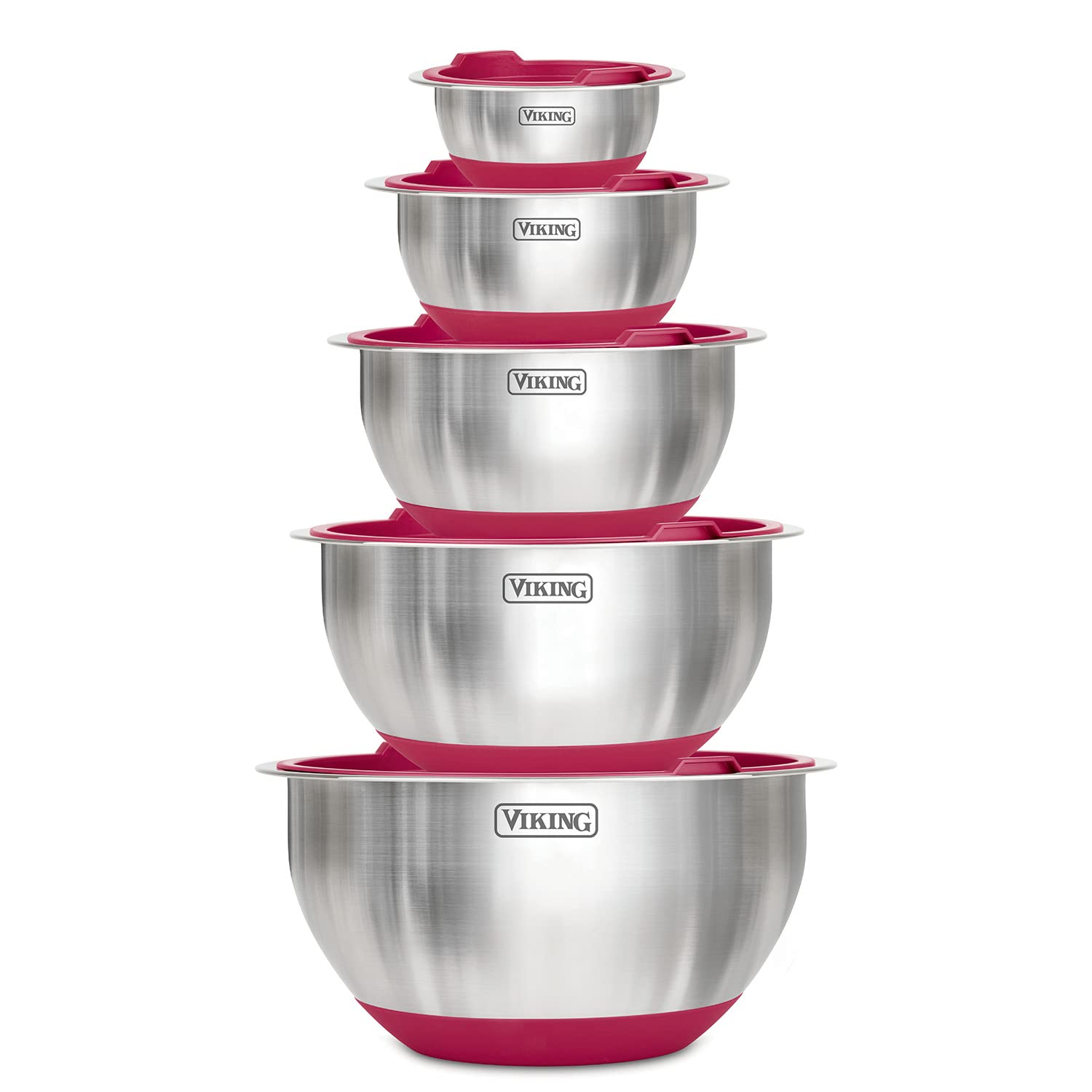 Viking Culinary Stainless Steel Mixing Bowl Set, 10 Piece, Non-Slip Silicone Base, Includes Airtight Lids, Dishwasher Safe, Red
