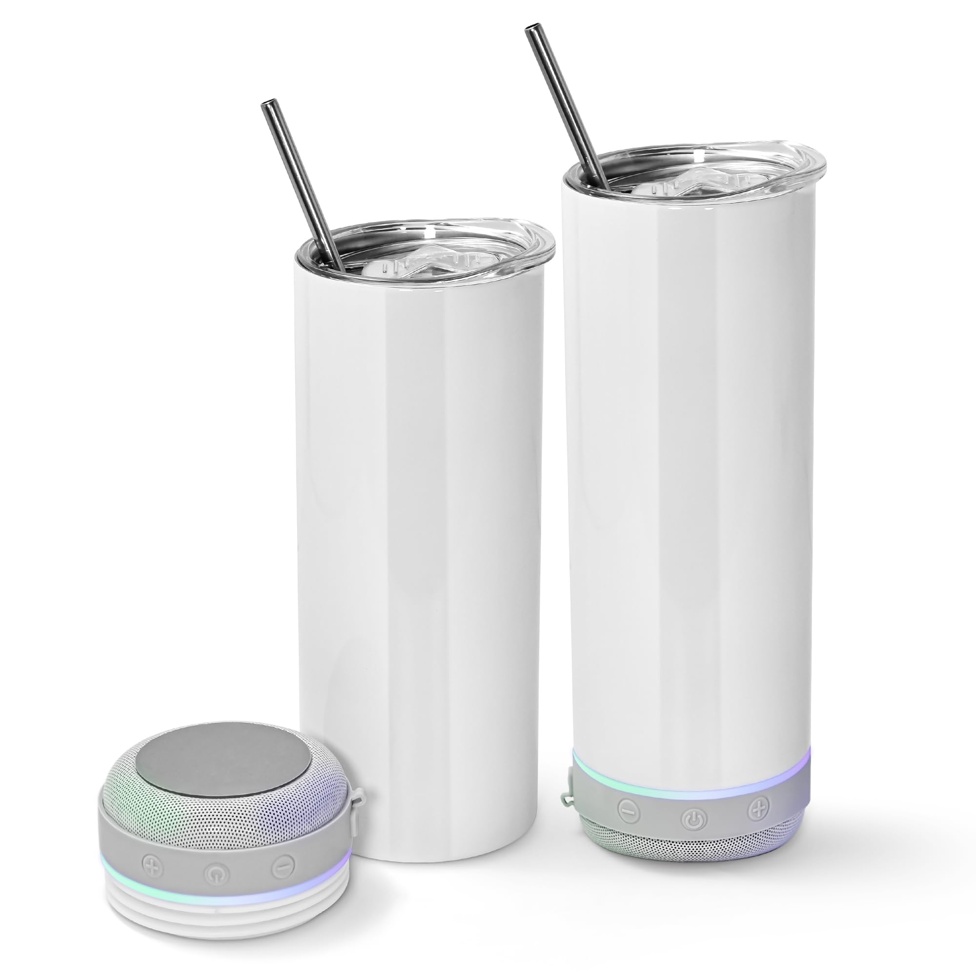AGH 2 Pack Music Speaker Tumbler with Straw and Lid, 20 Oz Skinny Stainless Steel Double Wall Cup, Speaker Cup with Detachable L