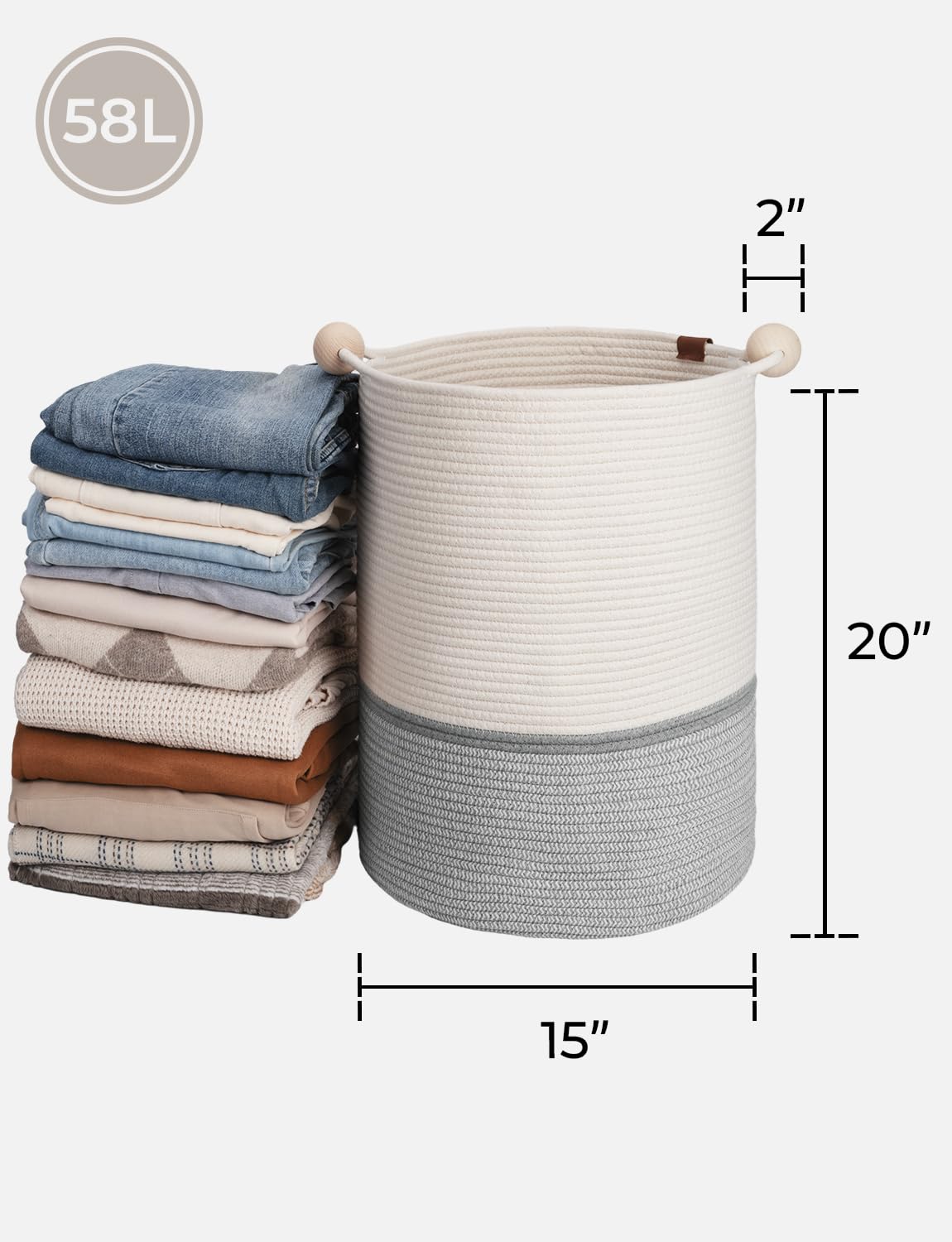 Storageworks 58L Cotton Rope Laundry Basket With Wooden Beads Handles, Woven Basket For Storage, Dirty Clothes, Kids Toys, Towel