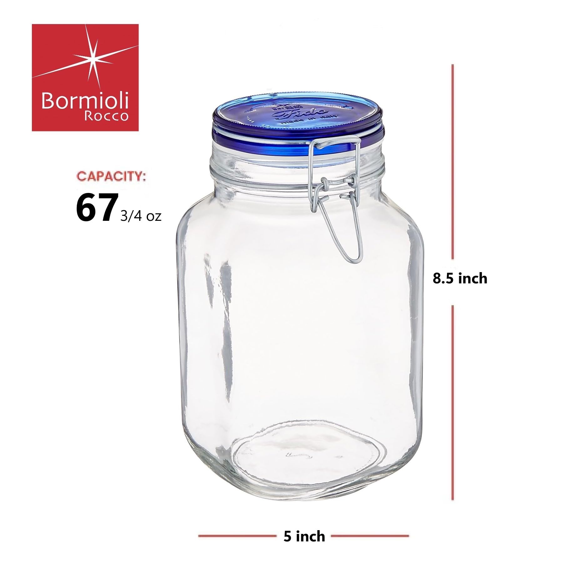 Bormioli Rocco Fido Square Jar With Blue Lid, 67.5-Ounce, Clear