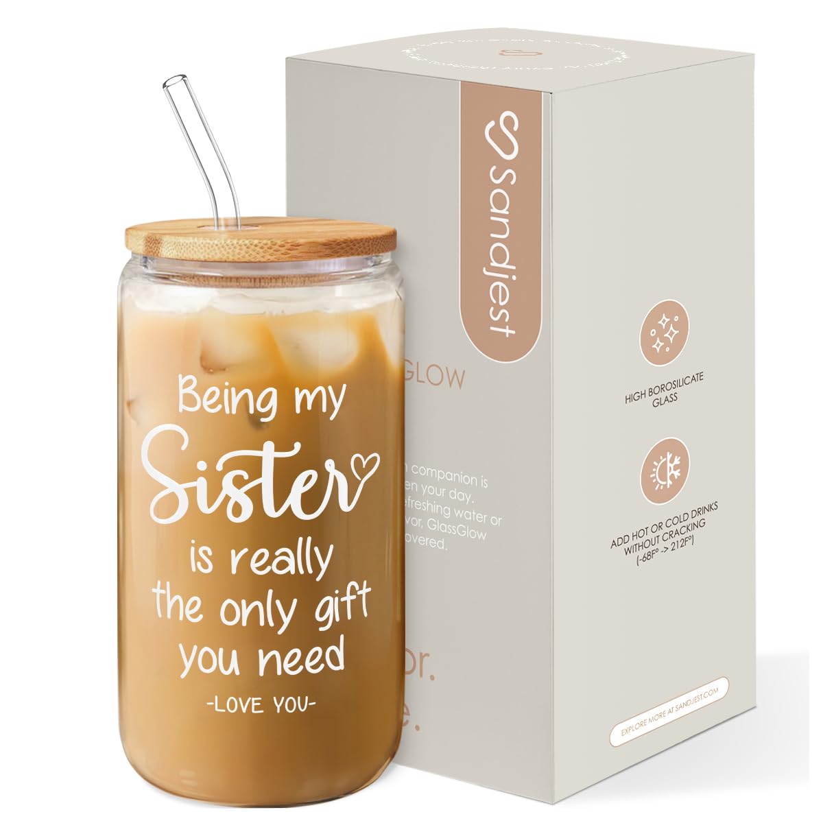 SANDJEST Sister Gift, Funny Sister Coffee Cup, 16 Oz Bamboo Lid & Straw - Gifts for Women, Birthday, Christmas
