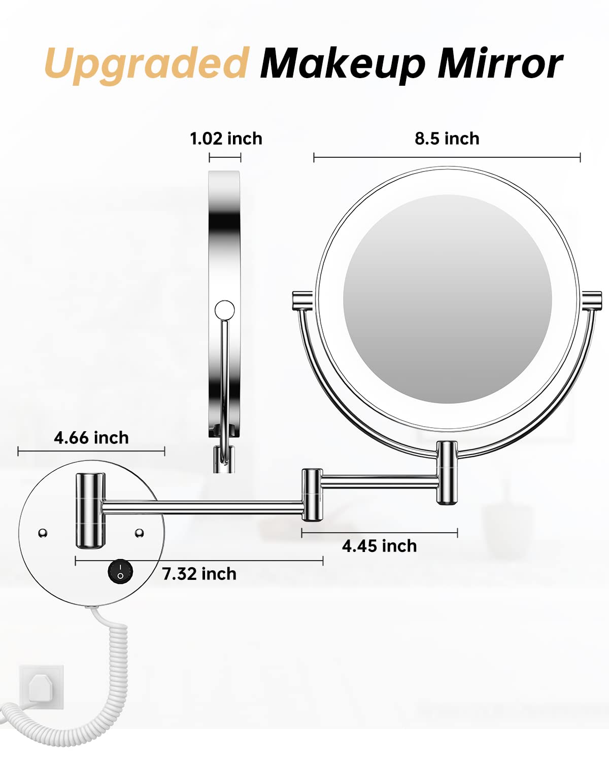 Gospire 8.5 '' Wall Mounted Lighted Magnifying Mirror  1X/10X Double-Sided Magnification Round LED Cosmetic Vanity Bathroom Mirror Extendable Arm 360 Swivel for Shaving Makeup