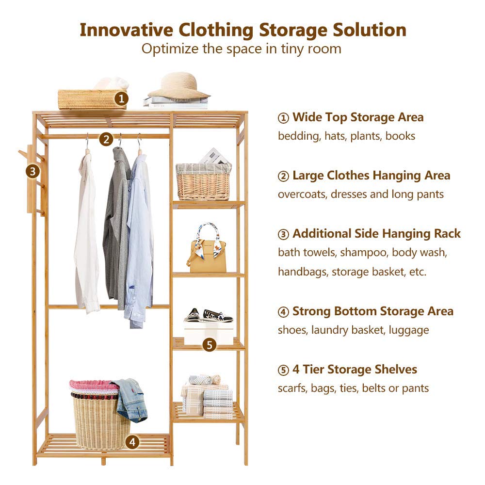 Ufine Bamboo Garment Rack 6 Tier Storage Shelves Clothes Hanging Rack With Side Hooks, Heavy Duty Clothing Rack Portable Wardrob