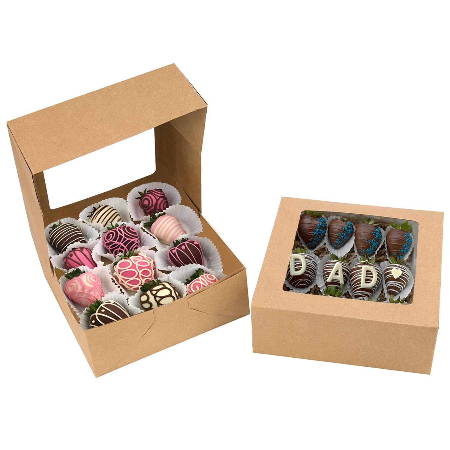 NPLUX 8x8x3 inch Kraft Cookie Boxes Candy Boxes with Window for Chocolate Covered Strawberry Macaron Donut Breakable Heart Baked