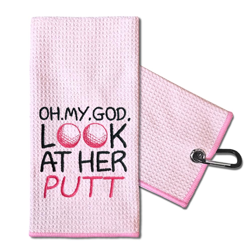 TOUNER Oh My God Look at Her Embroidered Golf Towels, Funny Pink Golfing Towel Gifts for Aunt Girlfriend Women Wife Glof Lover (