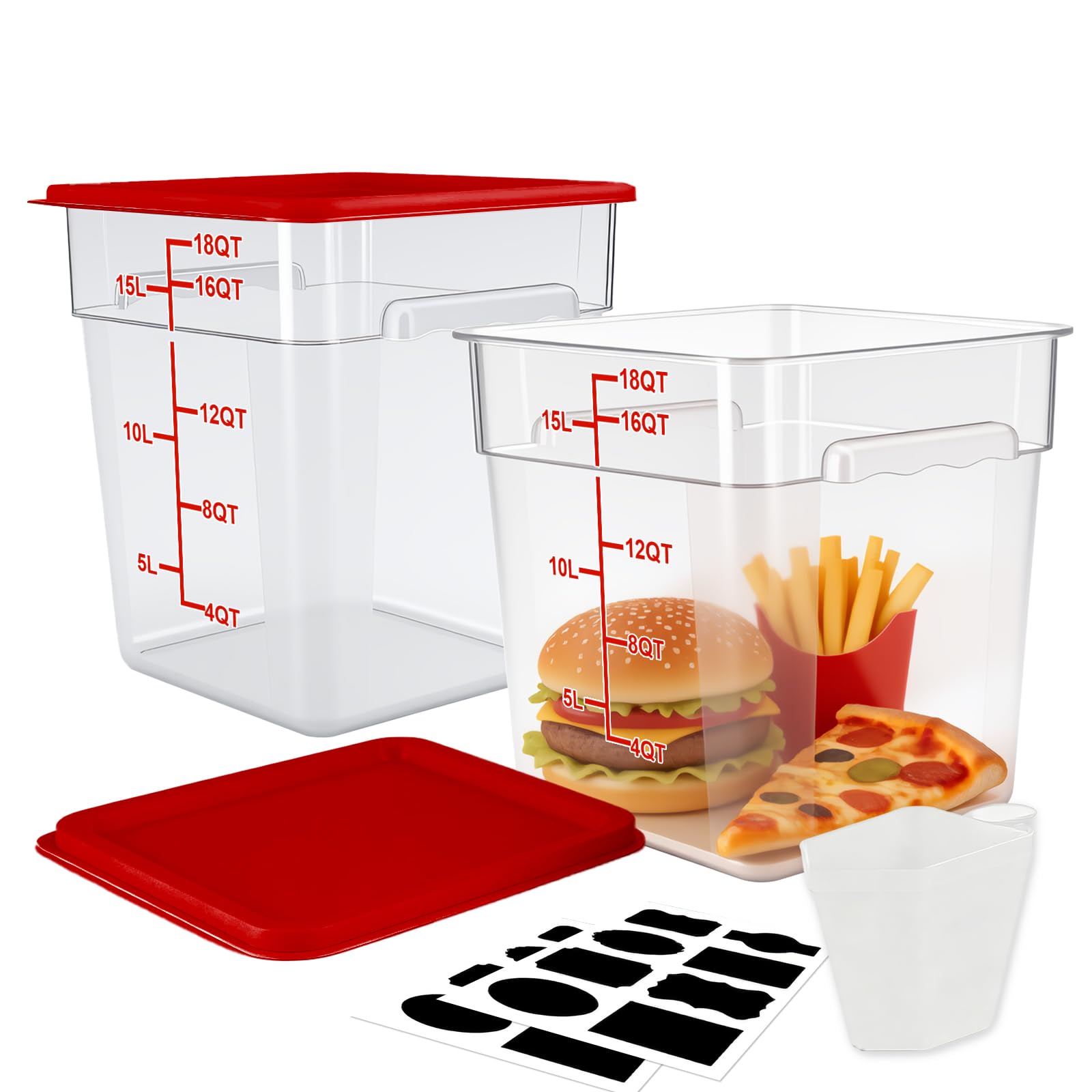 WELKOR 2 Pack Square Food Storage Container With Lid,1222 Quart Commercial Storage Box With Scale & Handle,Cake Making,Dough Ma