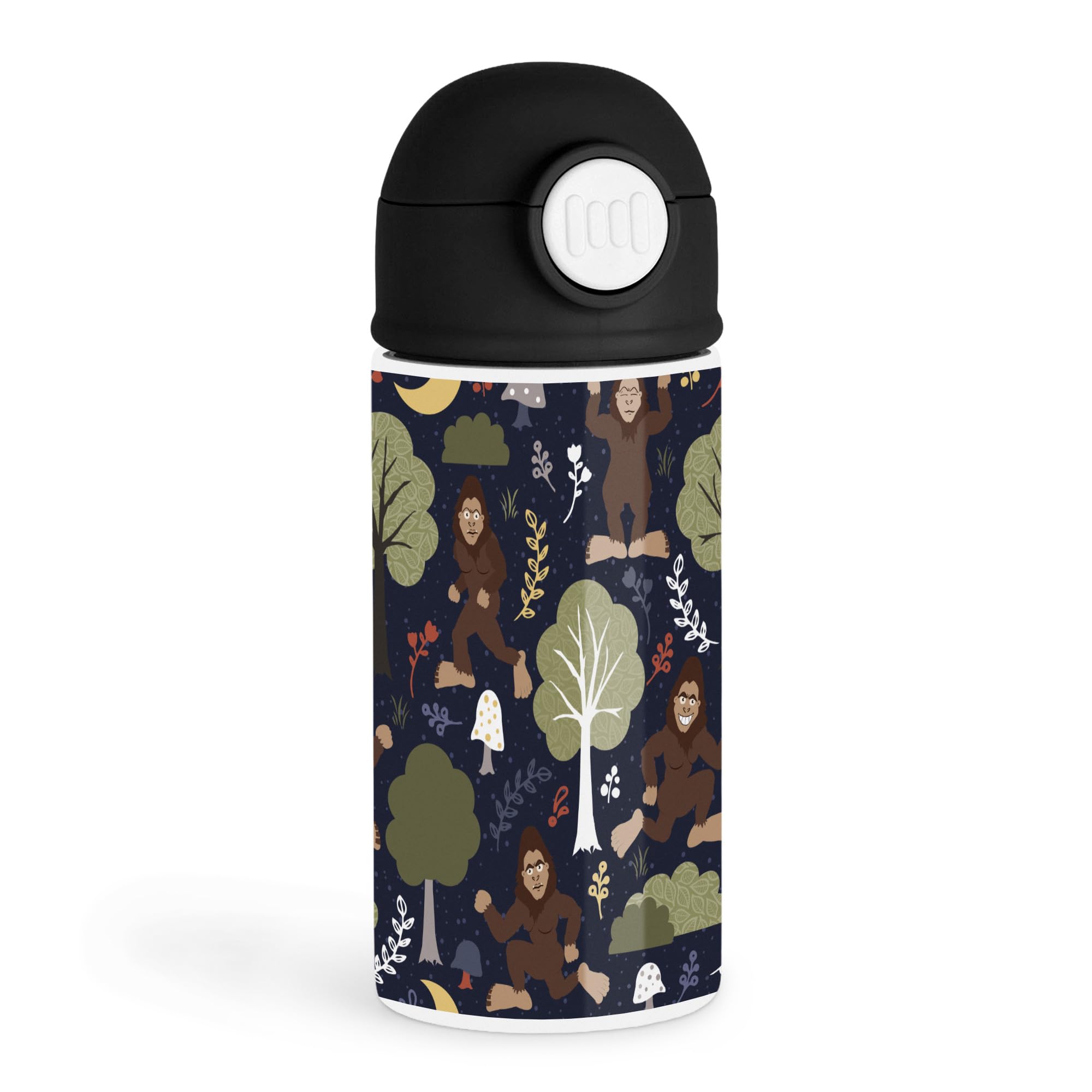 Funny Bigfoot Enthusiast 12oz Kids Black Bottle  Multiple playful Bigfoot illustrations among trees  School Lunch, Outdoor Fun