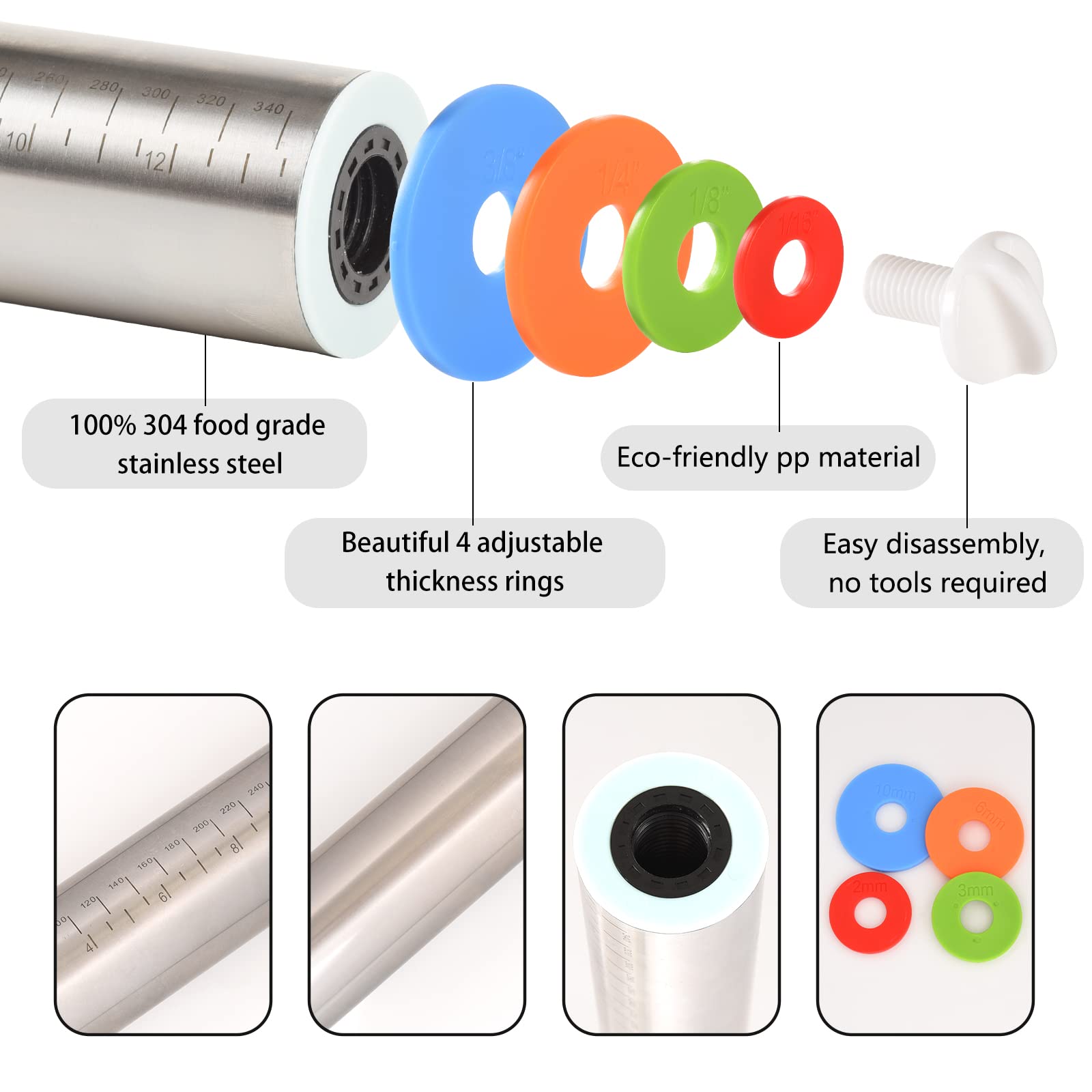 Adjustable Rolling Pin With 4 Thickness Rings, Stainless Steel Dough Roller Pizza Roller Handle Press Design With Measurement Gu