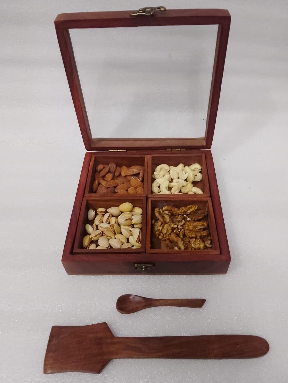 Classic Export Wooden Spice Box With 4 Partitions, Masala Dabba Container, Mukhwas Storage Box, Traditional Kitchen Organizer Wi