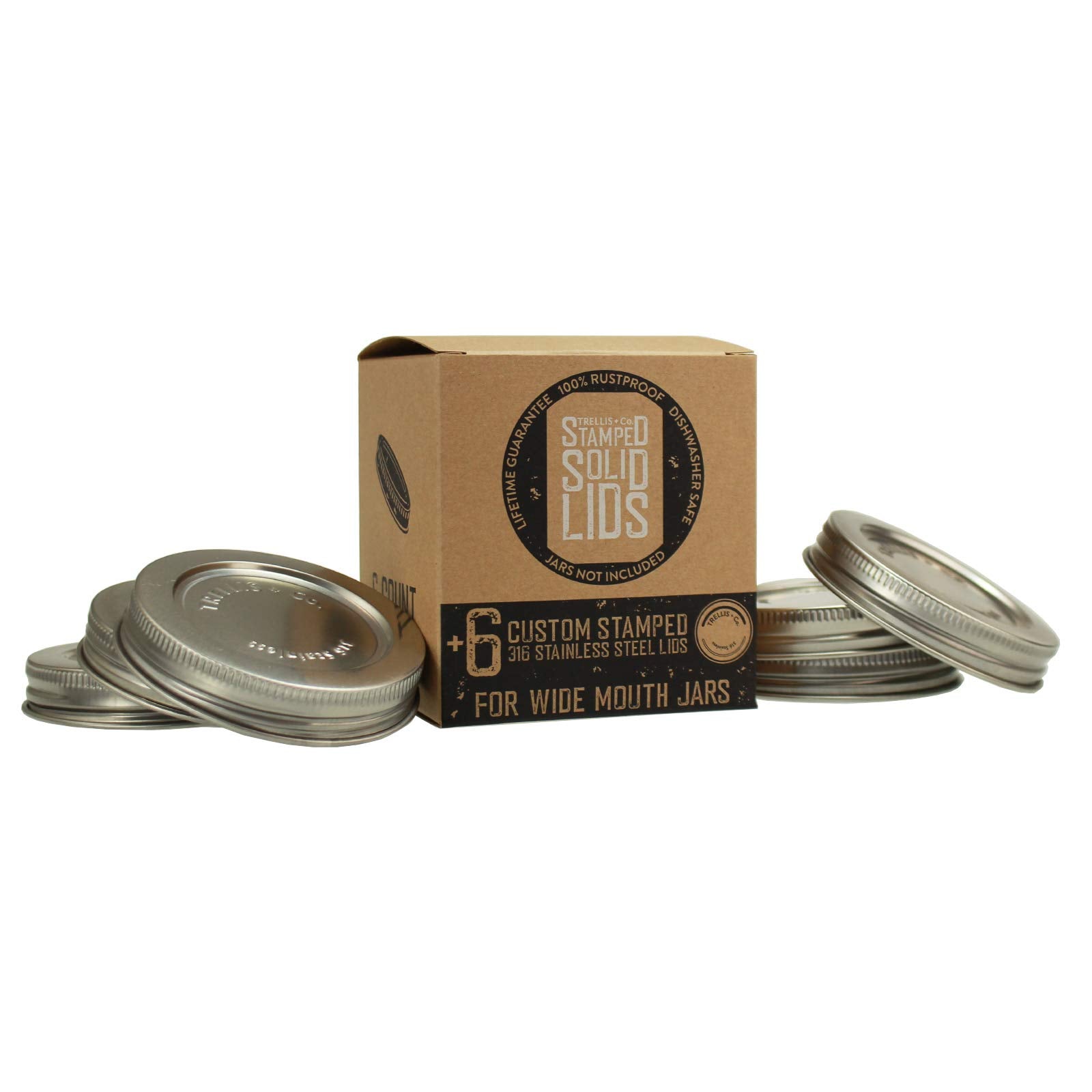 Trellis + Co. 316 Stainless Steel Wide Mouth Mason Jar Lids - 6 Pack - For Storage, Dry Goods, Pickling, Gifts - Durable & Rustp