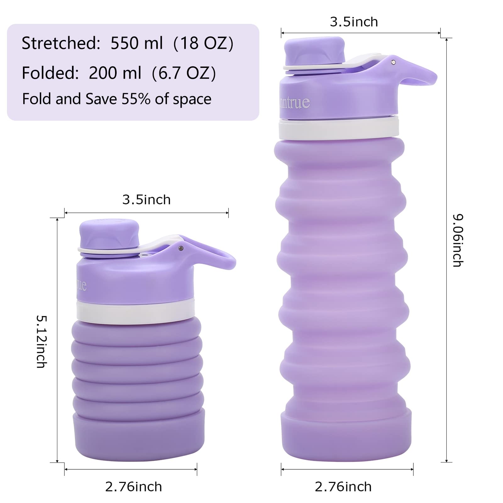 Anntrue Collapsible Silicone Water Bottle 18oz  Food-Grade  Leak Proof  Foldable Travel Water Bottle(Lilac)