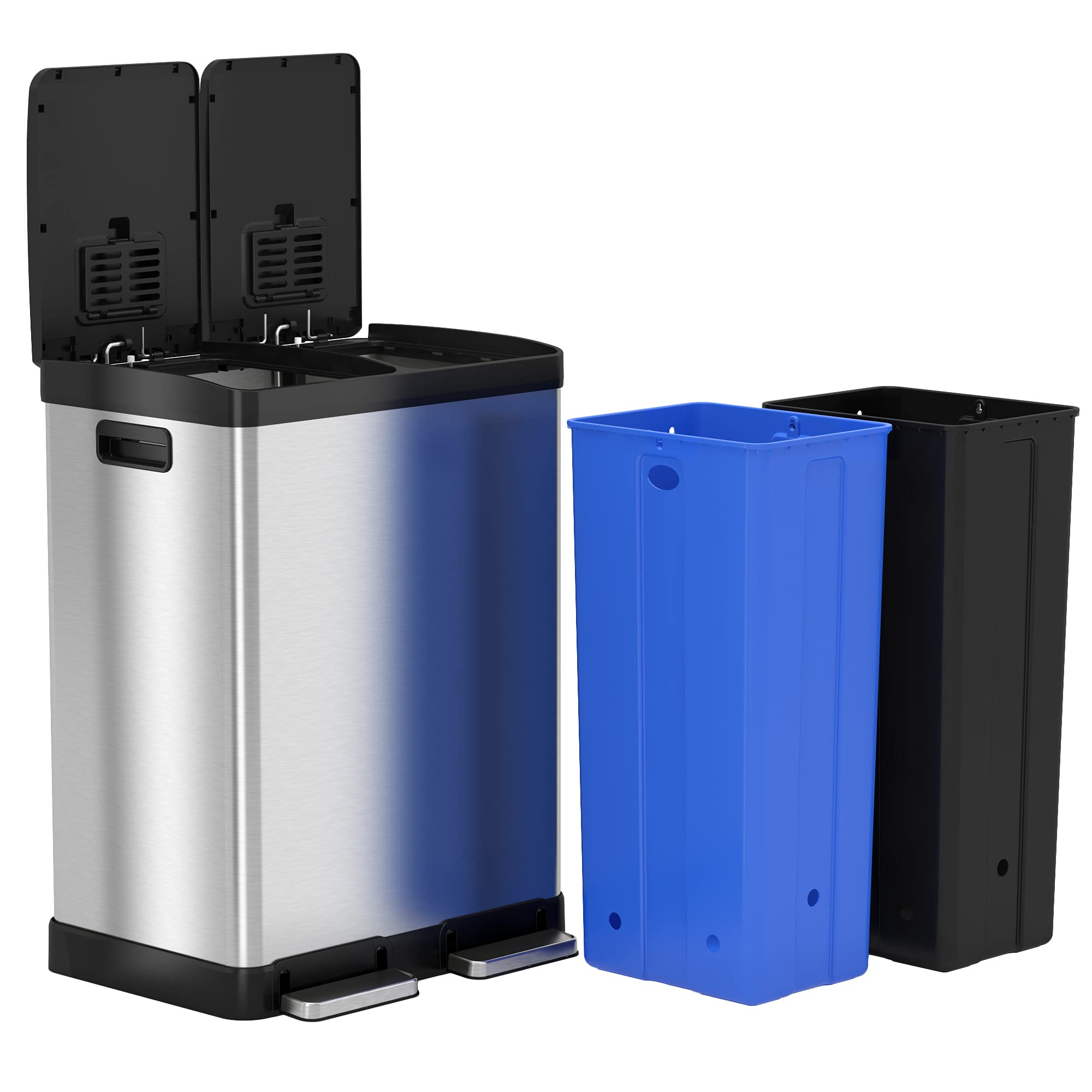 Itouchless 16 Gallon Dual Trash Can And Recycling Bin For Kitchen With Odor Filters, 2 X 8-Gal (30L) Inner Buckets, Airtight Lid