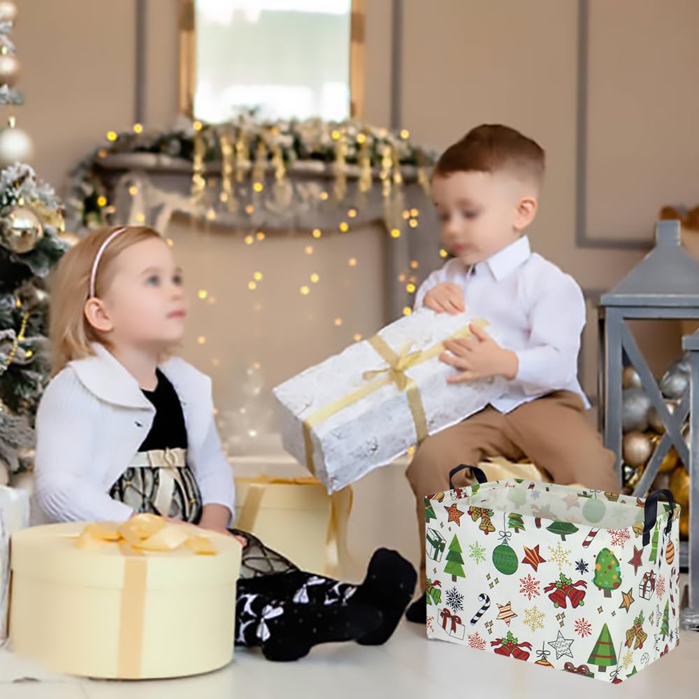 CLOCOR Rectangular Christmas Basket,Cute Pattern Christmas Gifts Basket Empty,Waterproof Christmas Storage Box with Handles,Kids