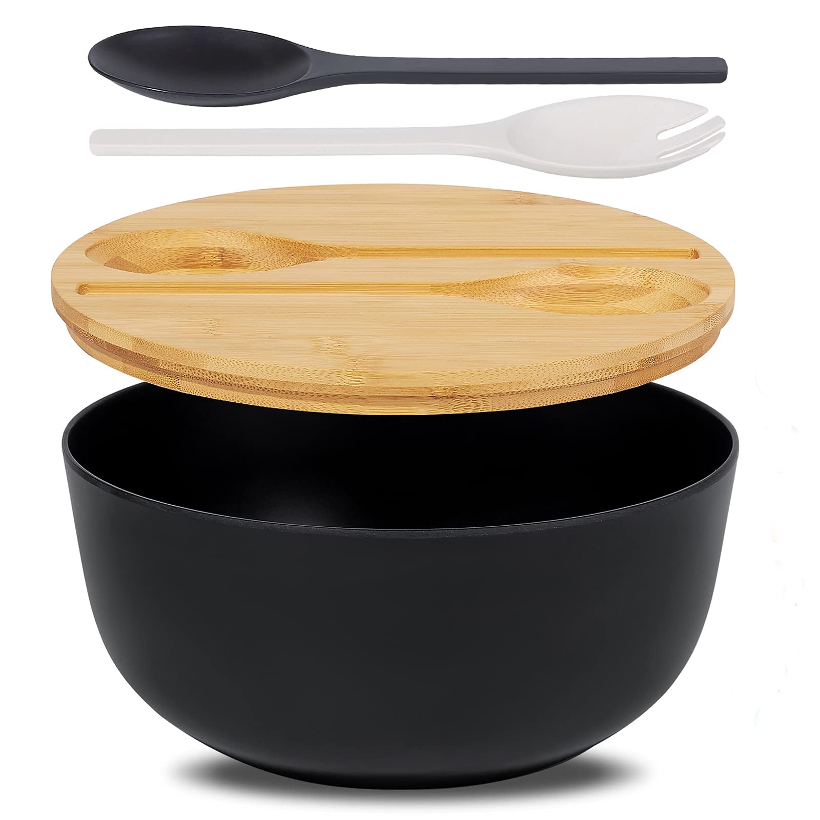 Ecohagou 10'' Large Salad Serving Bowl With Utensils In Lid, Bamboo Fiber Salad Bowl With Lid, Mixing Bowl With Servers Set For
