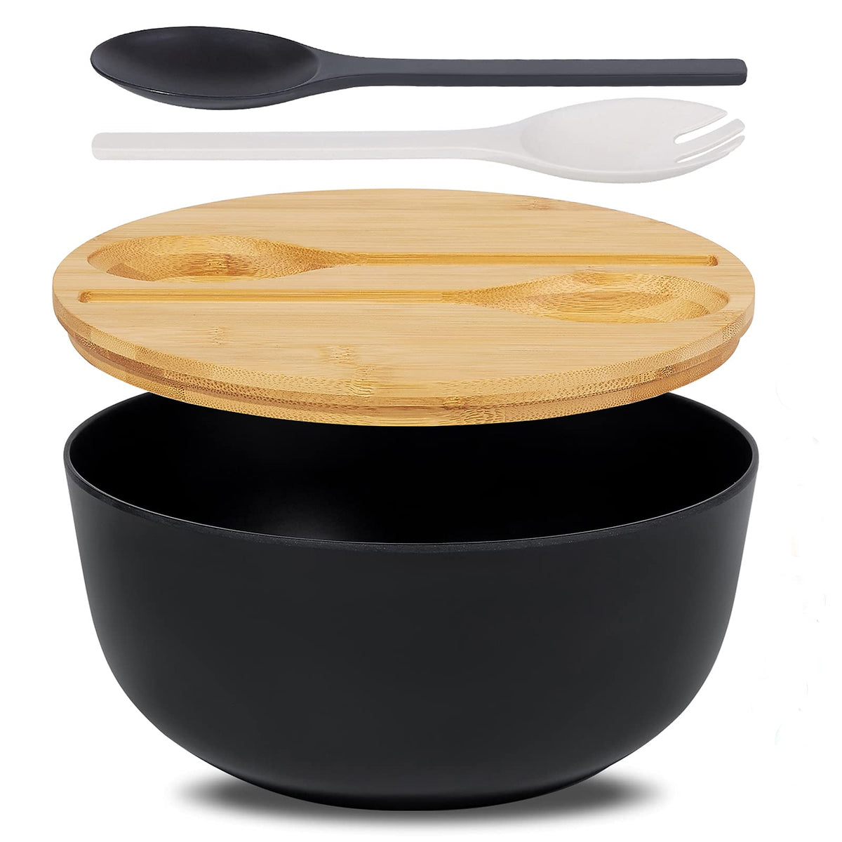 Ecohagou 10'' Large Salad Serving Bowl With Utensils In Lid, Bamboo Fiber Salad Bowl With Lid, Mixing Bowl With Servers Set For