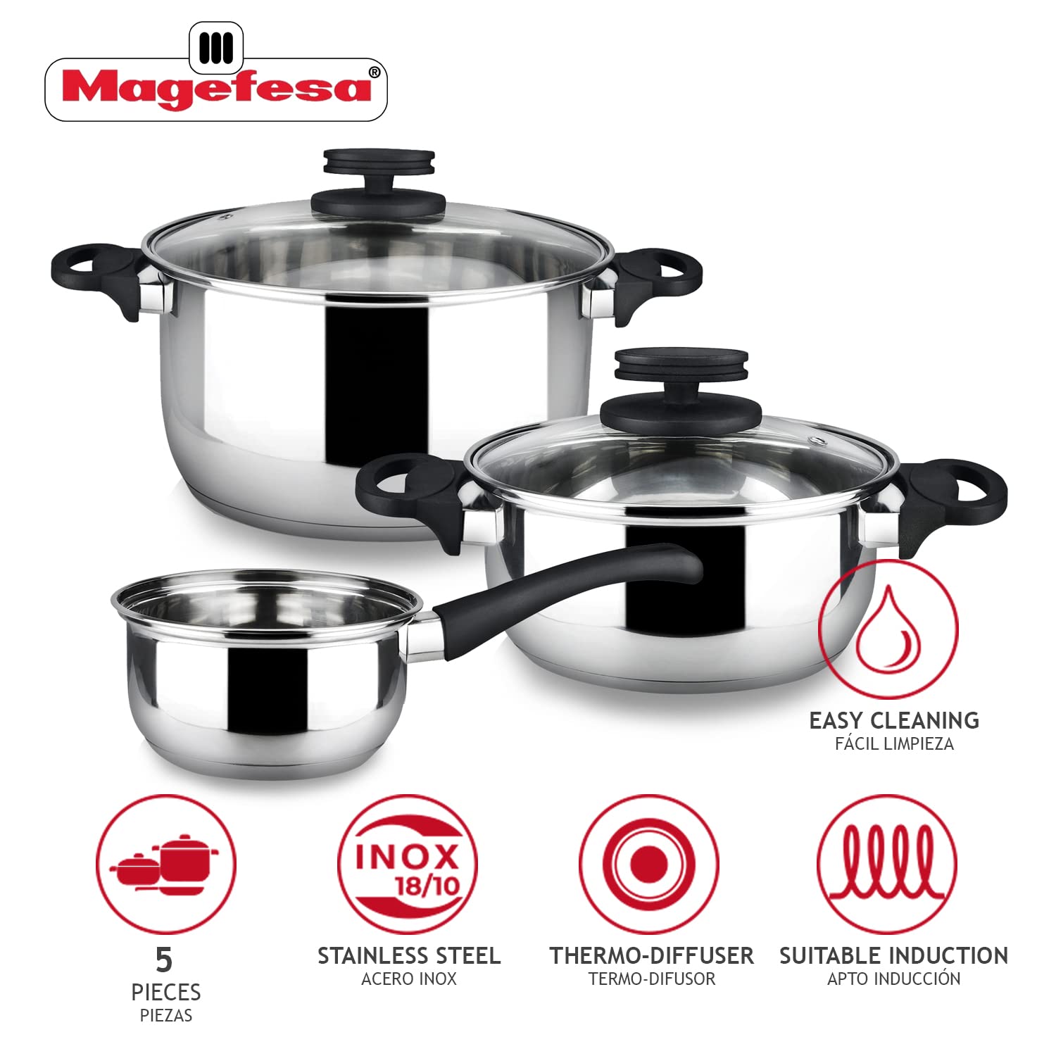 Cookware set MAGEFESA STYLE 5 Piece, include Stockpot, Dutch oven/Stew pot, Saucepan, Stainless Steel, compatible with all types
