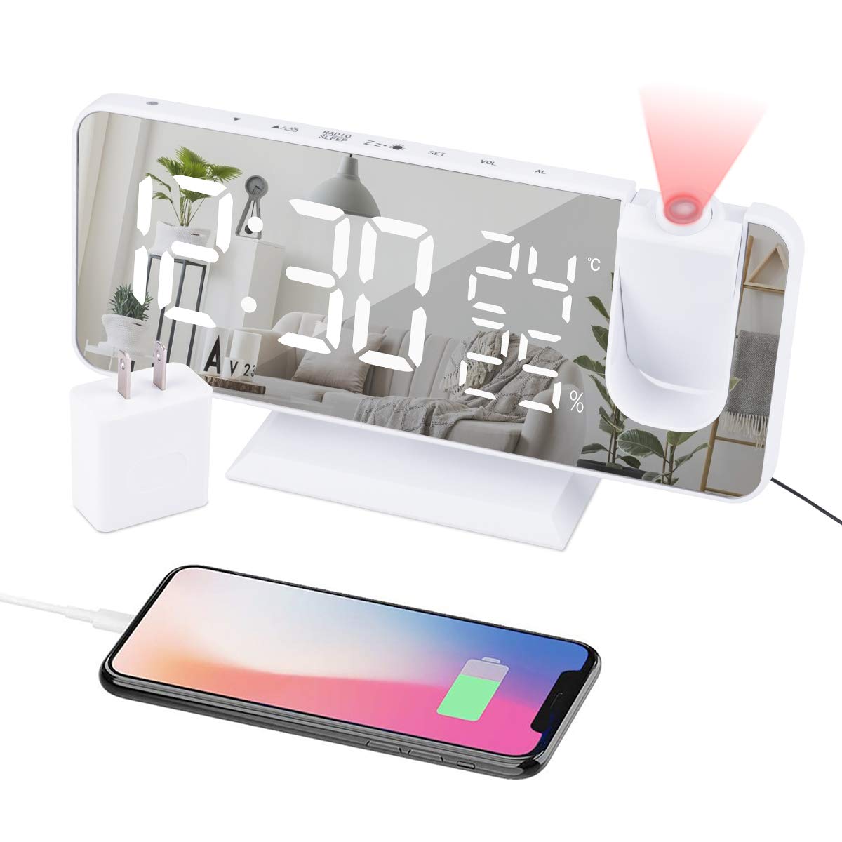 EVILTO Projection Alarm Clock for Bedroom Ceiling Digital Clock Radio with USB Charger Ports, 7.3 Large LED Screen, 4 Dimmer, Du